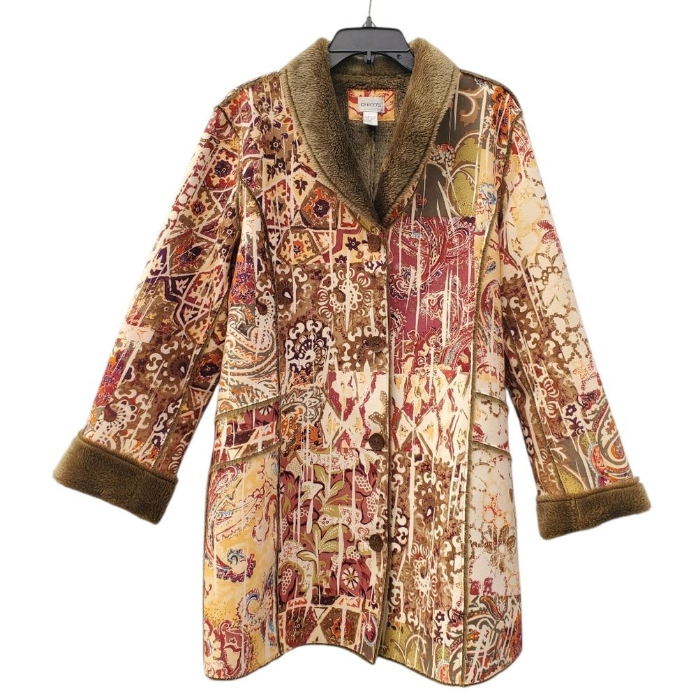 Chico's Abstract Paisley Bohemian Sherpa Lined Coat